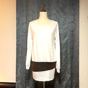 White with gold faux sash unlined mini dress